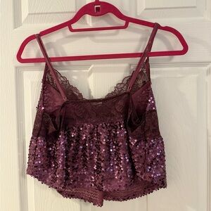Free People Plum Sequin Lace Tank Top